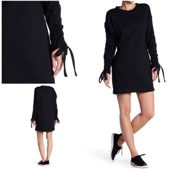 Lush Black Ruched Drawstring Long Sleeve Mini Dress Size Large - Picture 3 of 15